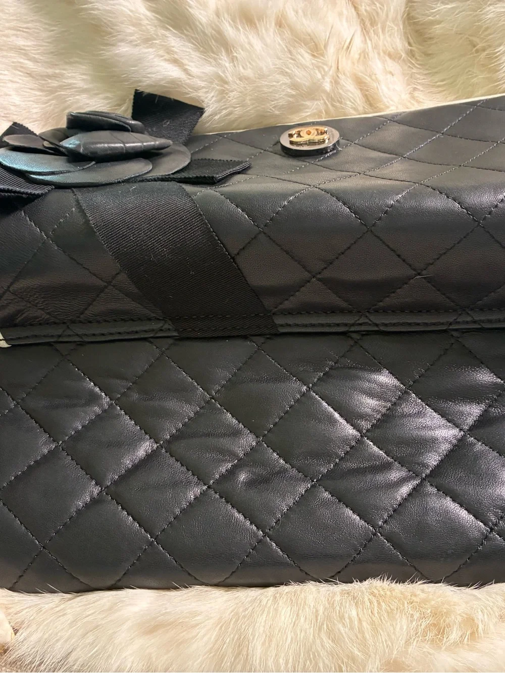 Black Quilted Leather Camellia Clutch with Ivory Trim and Gold CC